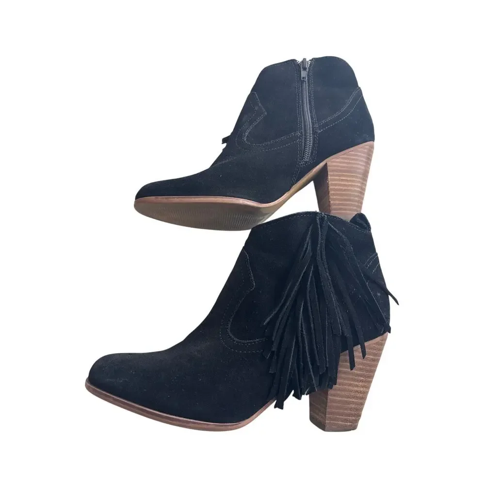Steve Madden Cian Black Suede Fringe Ankle Boots 8M Western Boho Stacked Heel